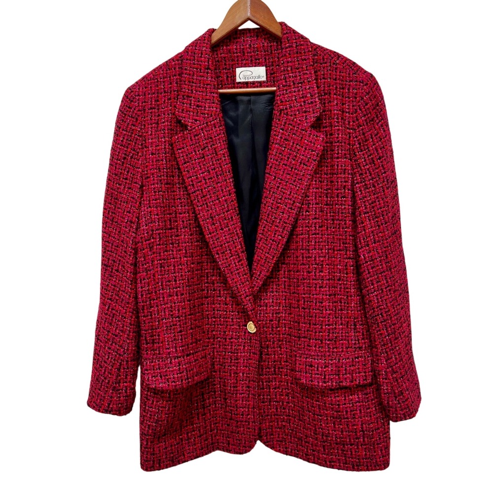 Pappagallo Vintage Red Pink Black Tweed Blazer Gold Button Wool Blend XL USA‎